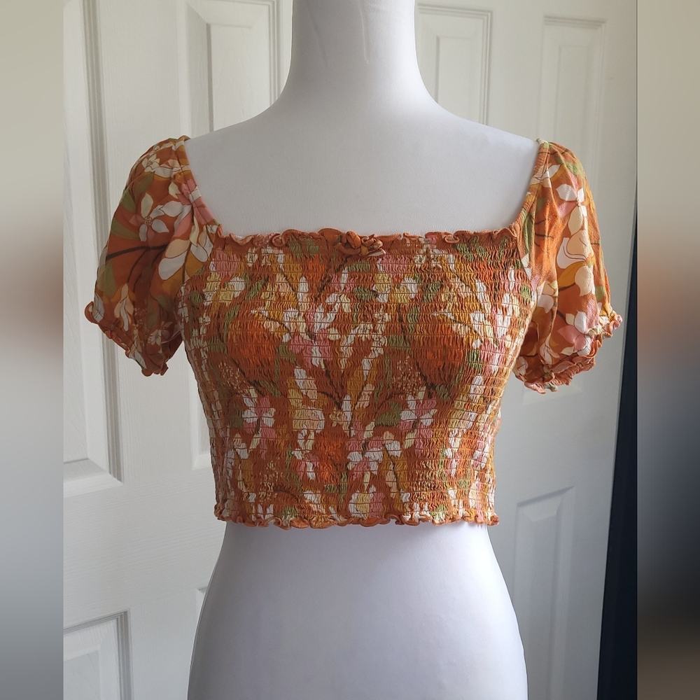 Aerie Smocked Orange Floral Milkmaid Crop Top, Short Puff Sleeve, Boho, Medium